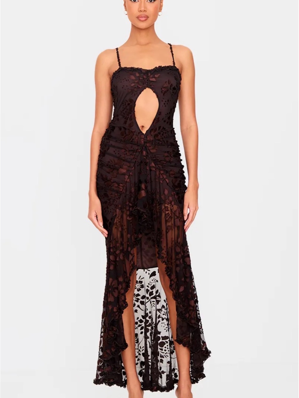 PrettyLittleThing Black Floral Lace Cutout High-Low Dress